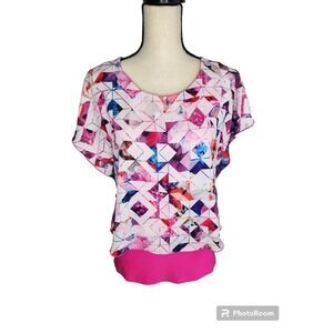 Joseph Ribkoff Tunic Top Flowy Layered Geometric Neon Pink Stretchy NWT